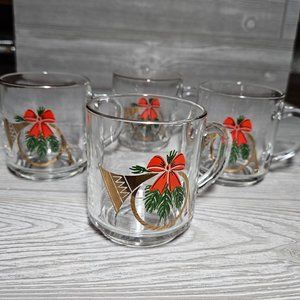 Set of 4 Clear horn pine red bow gold accent glass christmas mugs